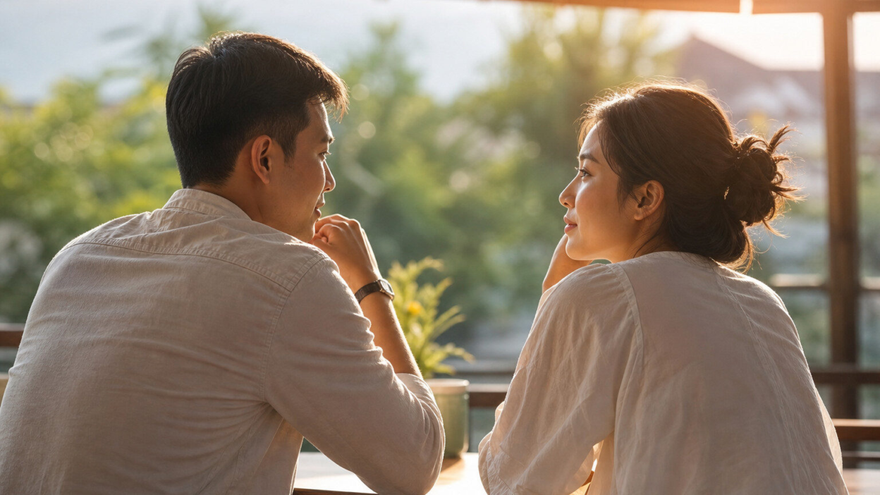 Pasangan muda Indonesia duduk berbicara tenang di ruang tamu, merefleksikan attachment style dan batasan hubungan yang sehat