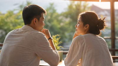 Pasangan muda Indonesia duduk berbicara tenang di ruang tamu, merefleksikan attachment style dan batasan hubungan yang sehat