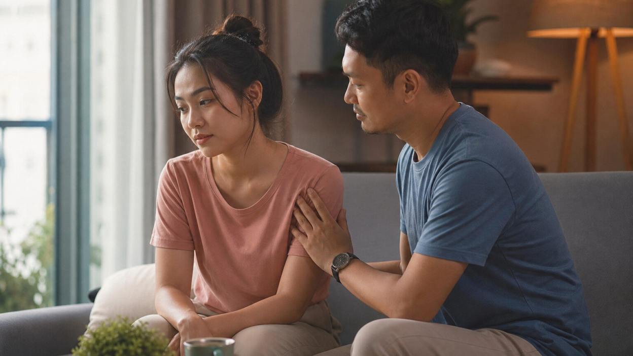 Pasangan dewasa duduk di ruang tamu hangat membicarakan attachment style dan cara mengelola cemburu berlebihan dalam hubungan modern