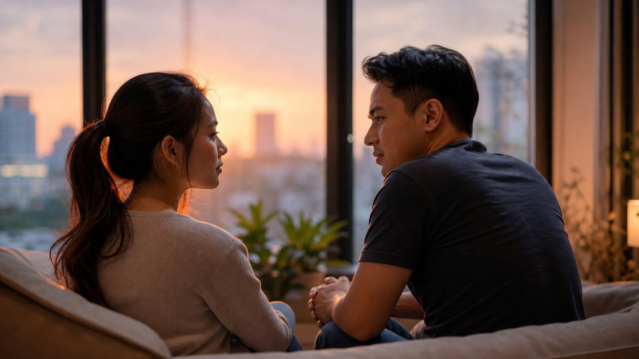 Pasangan Indonesia duduk di ruang tamu hangat, berdiskusi tenang tentang attachment style dan cemburu berlebihan dalam relasi modern