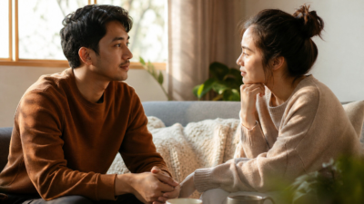 Pasangan dewasa Indonesia duduk di ruang tamu hangat, berdiskusi tenang tentang attachment style dan rasa aman dalam hubungan