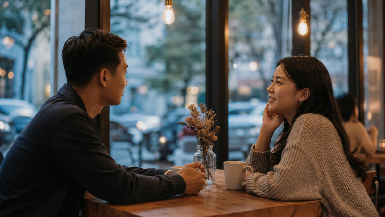 Pasangan dewasa muda Indonesia duduk di ruang tamu hangat sambil membahas attachment style dan komunikasi digital lewat ponsel