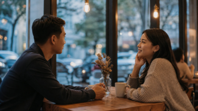 Pasangan dewasa muda Indonesia duduk di ruang tamu hangat sambil membahas attachment style dan komunikasi digital lewat ponsel