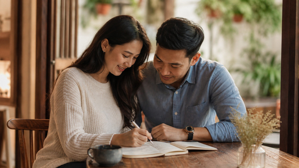 Pasangan Indonesia duduk tenang di ruang tamu, memperhatikan catatan tulisan tangan sebagai cara memahami komunikasi emosi dengan grafologi pasangan