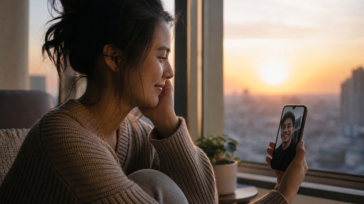 Pasangan muda Indonesia menjalani hubungan jarak jauh melalui video call dengan suasana hangat dan komunikasi yang tenang
