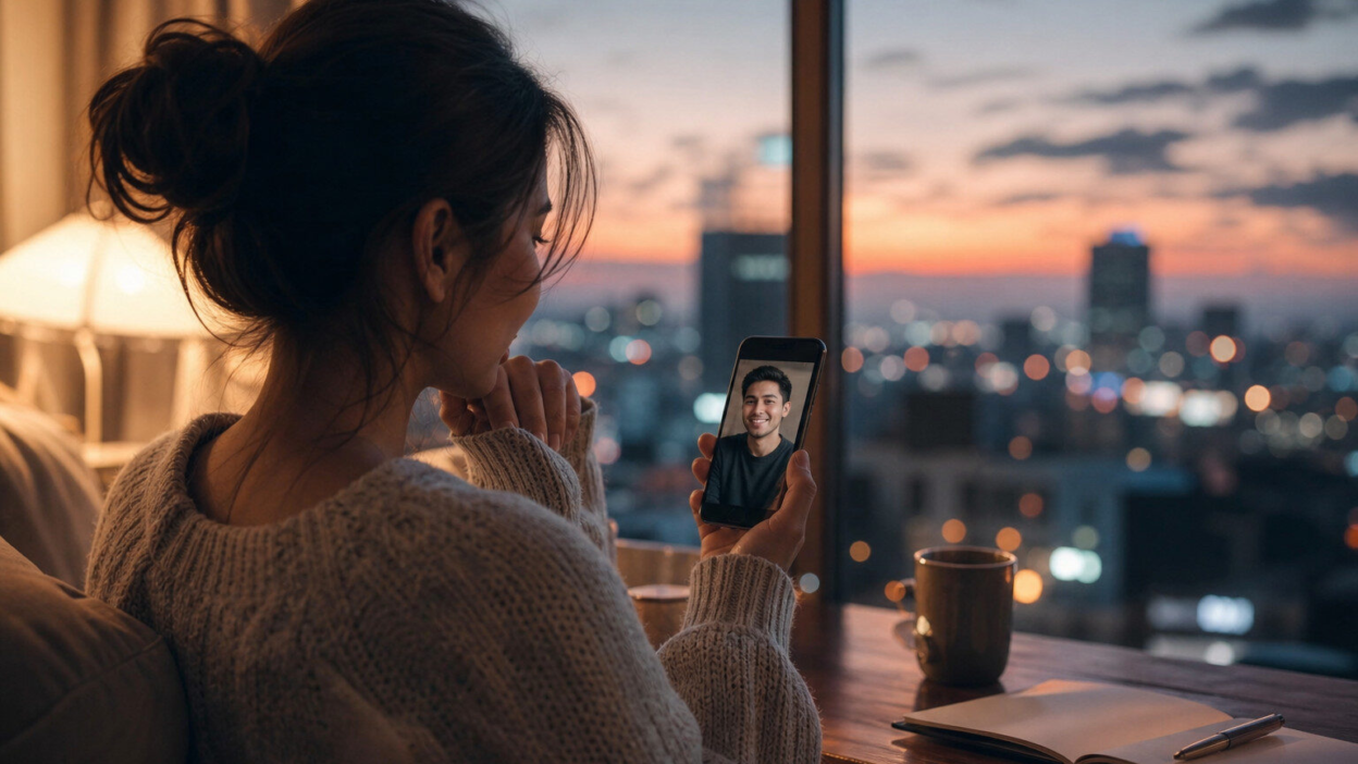 Pasangan muda dalam hubungan jarak jauh duduk terpisah dengan ponsel, merenungkan rasa aman emosional di era konten toxic online