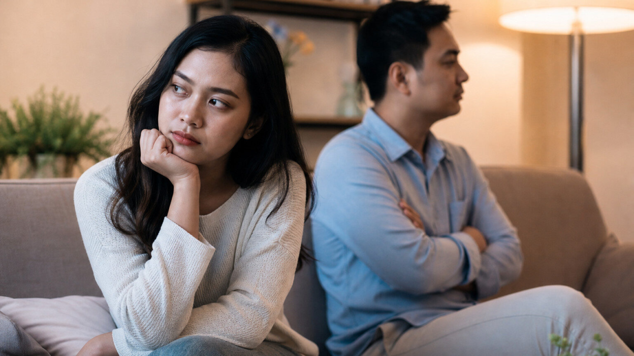 Pasangan Indonesia duduk berjarak di sofa, tampak reflektif memikirkan kepercayaan pasangan yang mulai hilang perlahan