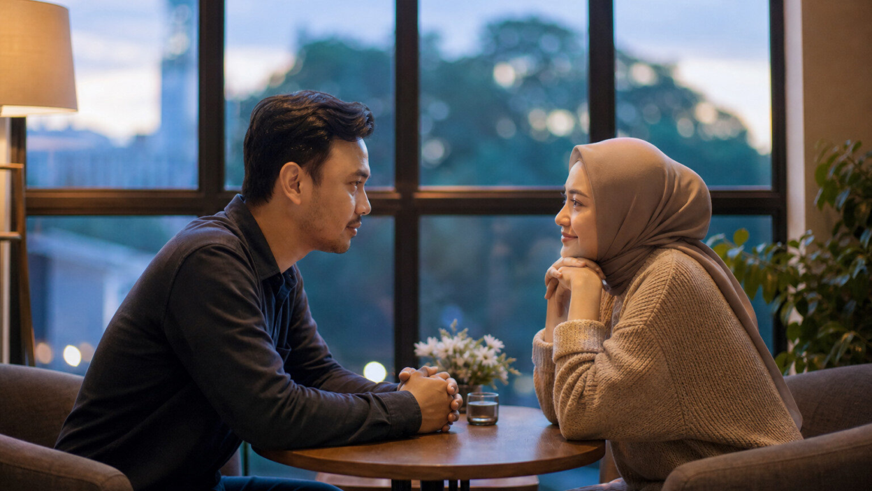 Pasangan dewasa Indonesia duduk di ruang tamu hangat membahas kesehatan mental dan stres hubungan dengan tenang
