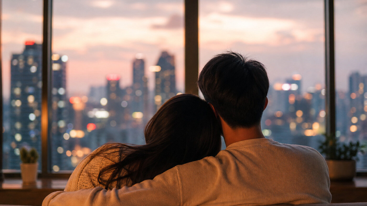 Pasangan Indonesia duduk di ruang tamu dengan ponsel, tampak merenungkan ketergantungan emosional dalam hubungan digital yang serba cepat