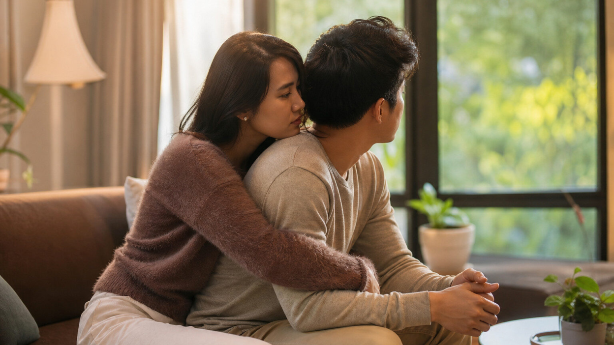 Pasangan Indonesia duduk di ruang tamu dengan ponsel di tangan, berbicara tenang tentang ketergantungan emosional dalam hubungan digital