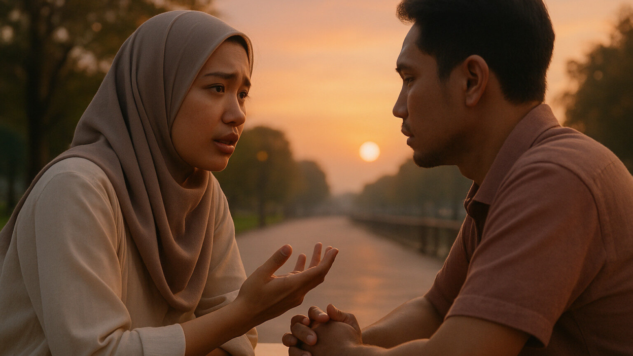 Pasangan duduk di ruang tamu berbicara dengan tenang, membangun komunikasi pasangan yang sehat saat trust issue mulai terasa