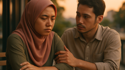 Pasangan dewasa duduk berbicara tenang di ruang tamu hangat, berusaha mengurai konflik pasangan dan kekecewaan yang dipendam