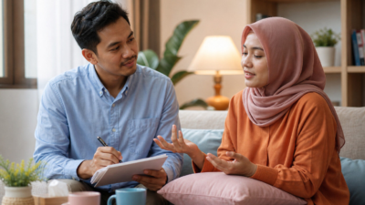 Seorang dewasa Indonesia menulis jurnal dekat jendela dengan pasangannya samar di belakang, suasana tenang dan reflektif