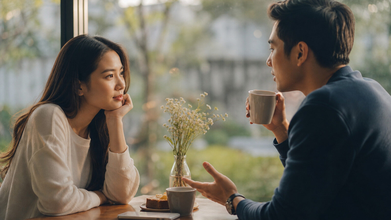 Pasangan muda Indonesia duduk tenang di ruang tamu, berdiskusi tentang batasan sehat dalam psikologi hubungan