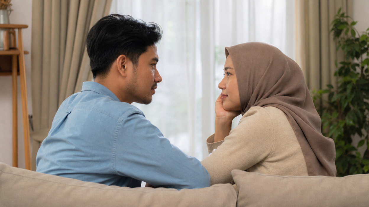 Pasangan menikah sedang berbicara serius di ruang tamu, menggambarkan psikologi pernikahan dan batas aman sebelum hubungan menjadi toxic