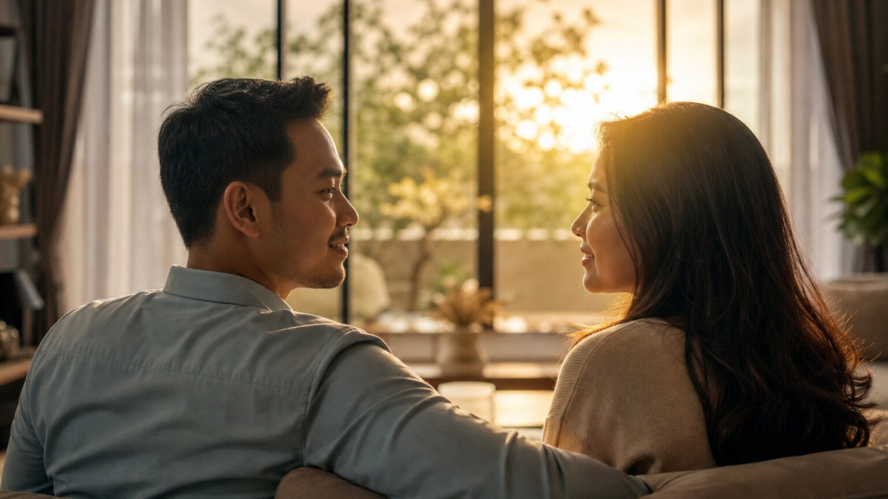 Pasangan suami istri Indonesia berbincang tenang di ruang tamu, menggambarkan psikologi pernikahan yang sehat