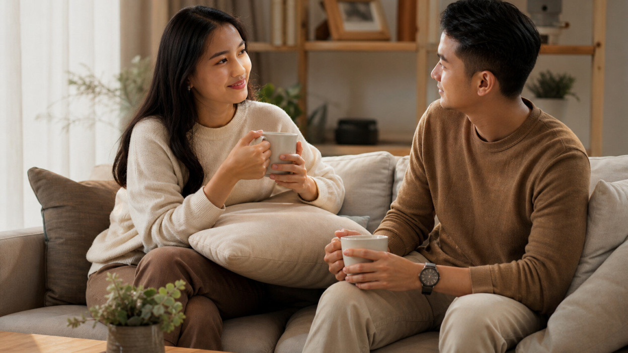 Pasangan dewasa duduk di ruang tamu hangat sedang berbicara tenang menggambarkan psikologi pernikahan sehat