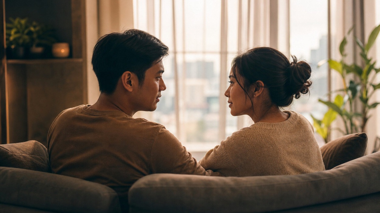 Pasangan dewasa Asia duduk di ruang tamu bercakap tenang, menggambarkan self awareness hubungan setelah melewati pola toxic lama