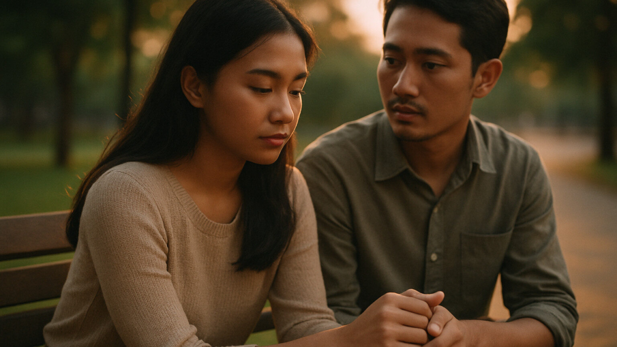 Pasangan muda Indonesia duduk di ruang tamu hangat, berbicara serius tentang rasa takut menikah dan masa depan hubungan mereka
