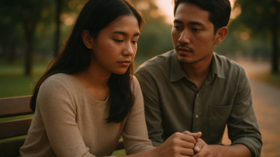 Pasangan muda Indonesia duduk di ruang tamu hangat, berbicara serius tentang rasa takut menikah dan masa depan hubungan mereka