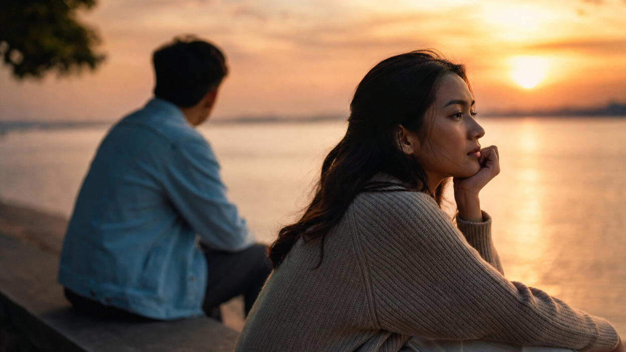 Pasangan muda duduk berjarak di ruang tamu hangat, merenungkan keputusan meninggalkan toxic relationship dalam relasi modern