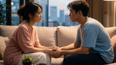 Pasangan muda Indonesia duduk di ruang tamu hangat, berbicara tenang tentang trust issue dalam dating modern