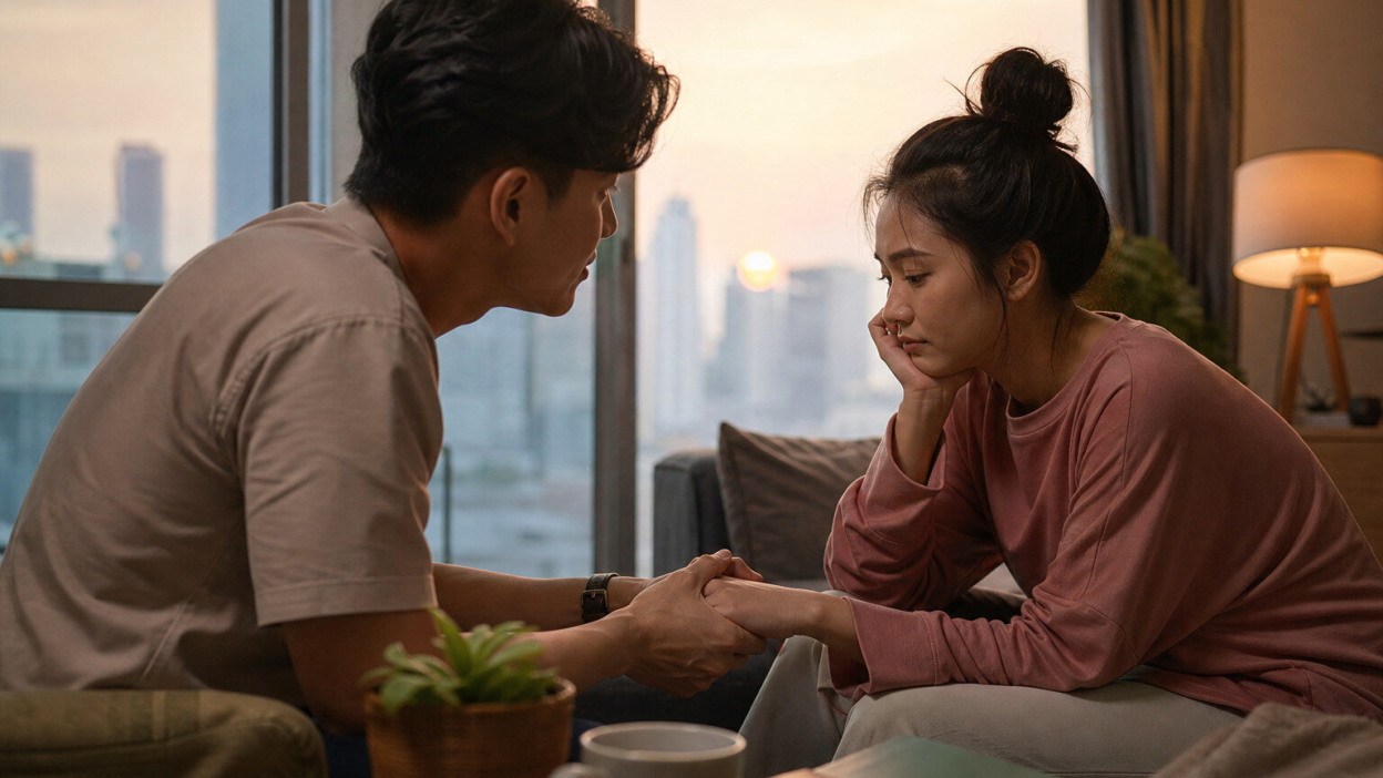 Pasangan muda Asia duduk di ruang tamu hangat membicarakan trust issue generasi di tengah dating modern instan