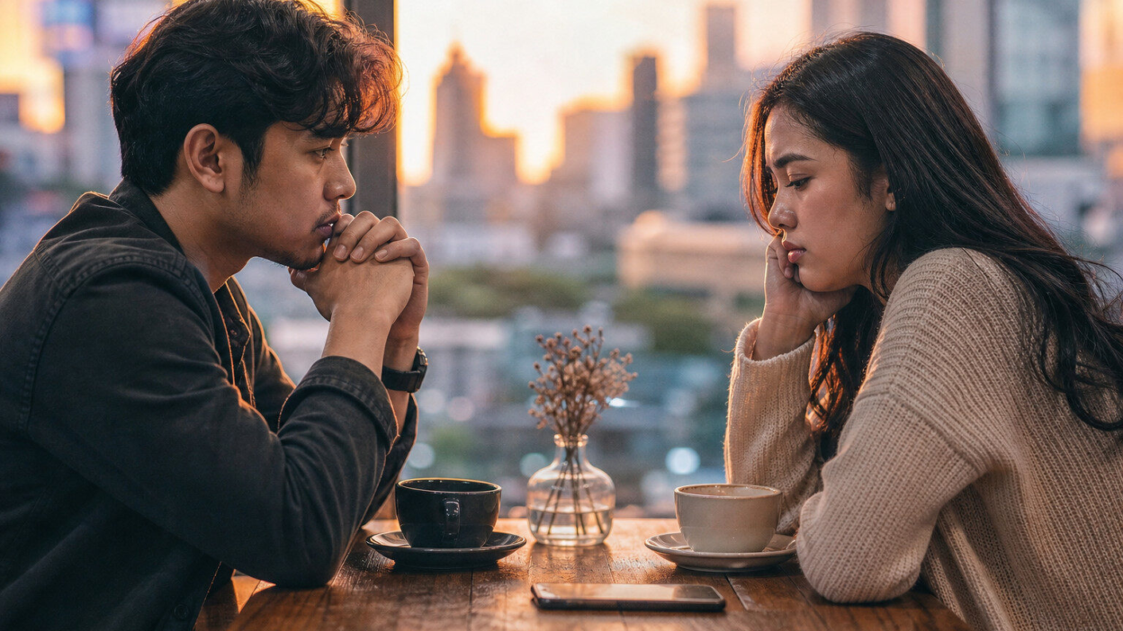 Pasangan Indonesia duduk di ruang tamu hangat, berbicara tenang tentang trust issue dalam hubungan jarak jauh dengan ponsel di meja