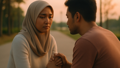 Pasangan Indonesia duduk tenang di ruang tamu hangat, merefleksikan trust issue setelah kepercayaan pasangan hilang